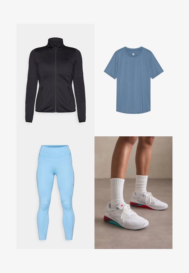 Čierna zipsová bunda s vysokým golierom, vyrobená z hladkého, elastického materiálu, so zipsovými prednými vreckami a štruktúrovanými rukávmi.; Modrá tričko s krátkymi rukávmi vyrobené z mäkkej tkaniny, s okrúhlym výstrihom a voľným strihom, s hladkou textúrou a bez viditeľných vzorov.; Svetlomodré legíny vyrobené z elastického materiálu. Obsahujú vysoký pás, hladký povrch a zakrivené švy pozdĺž nôh.; Biele športové topánky s textúrovaným zvrškom, tyrkysovými akcentmi a červeným opätkom. Nosia sa s rebrovanými bielymi ponožkami. Majú šnúrky a branding.