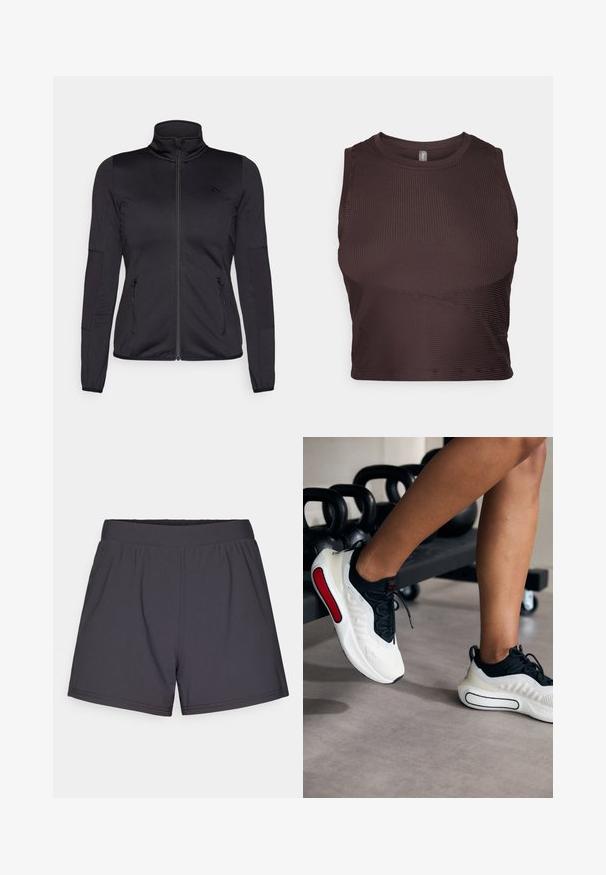 Juoda zip-up striukė su aukštu apykakle, pagaminta iš lygaus, elastingo audinio, turinti dvi užtrauktukais uždaromas priekinės kišenes ir tekstūruotas rankoves.; Tamsiai rudos spalvos raibotas trumpas viršus su plačiomis petnešėlėmis, apvaliu kaklu ir be siūlių dizainu. Pasižymi prigludusia siluetu ir tampri medžiaga, užtikrinančia komfortą.; Juodi sportiniai šortai, pagaminti iš lengvos, elastingos medžiagos. Dėl elastingos juostos ir paprasto, nepuošto dizaino.; Balti ir balti sportiniai bateliai su tekstūruotu viršumi, apvaliu pirštu, juodais raišteliais ir raudonu akcentu šone, pastatyti šalia ketlerbelių.