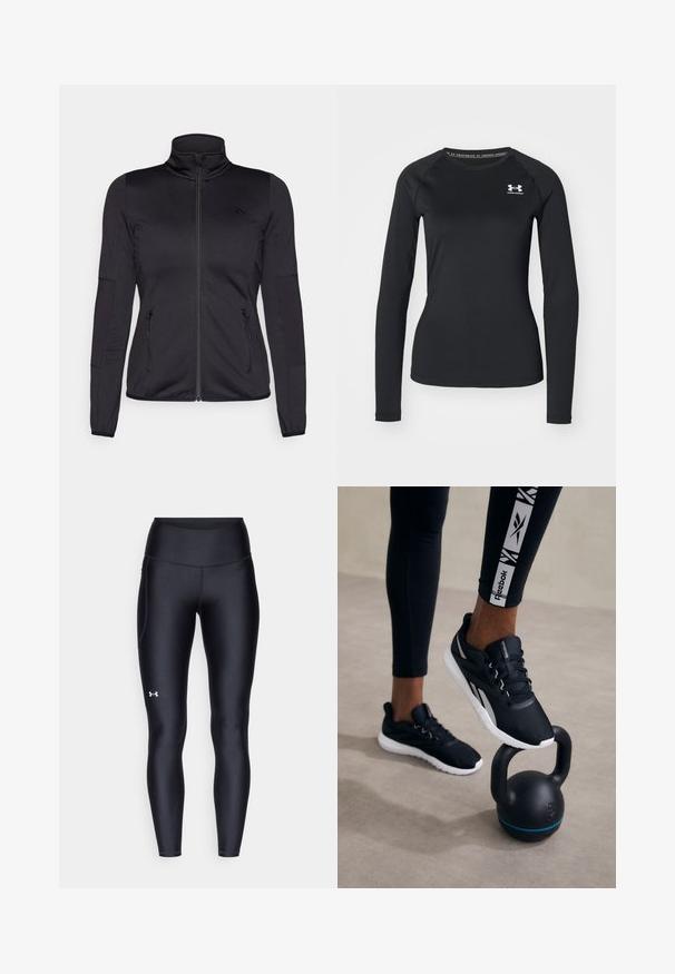 Zwarte zip-up jas met hoge kraag, gemaakt van een gladde, rekbare stof, met twee met rits gesloten voorzakken en gestructureerde mouwen.; Zwart sportshirt met lange mouwen, gemaakt van een gladde stof, met een ronde halslijn en een klein wit logo op de linkerborst.; Zwarte leggings van glad, rekbaar materiaal met een hoge tailleband. Heeft een wit logo op de linkerdij en een aansluitend ontwerp.; Zwarte sportieve schoenen met een gestructureerde bovenkant, witte zool en grijze accenten, geplaatst op een zwarte kettlebell met een blauwe streep, tegen een neutrale achtergrond.