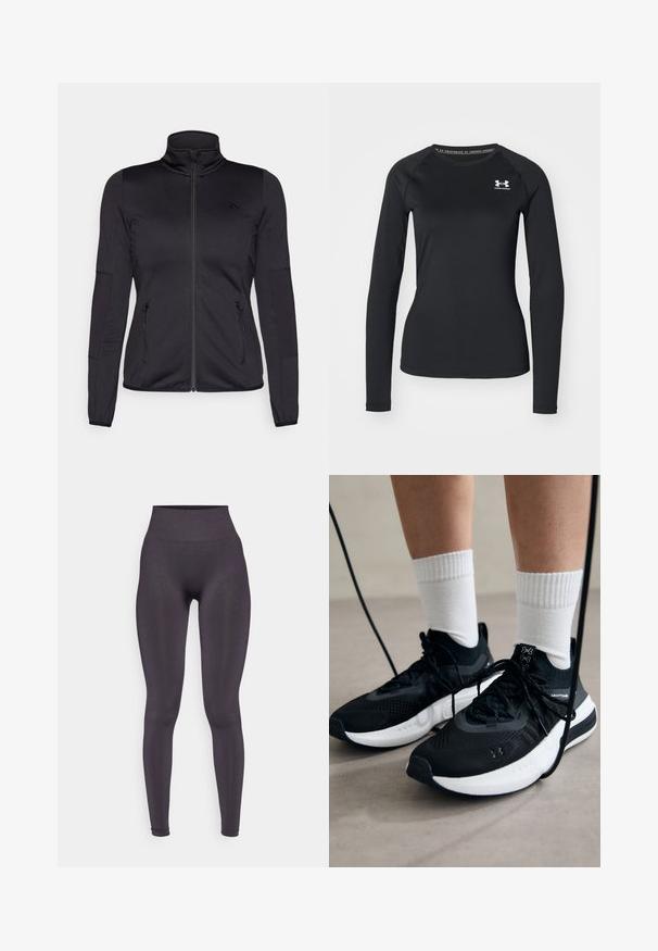 Čierna zipsová bunda s vysokým golierom, vyrobená z hladkého, elastického materiálu, so zipsovými prednými vreckami a štruktúrovanými rukávmi.; Čierne športové tričko s dlhým rukávom z hladkej látky, so zaobleným výstrihom a malým bielym logom na ľavej hrudi.; Vysoké tmavosivé legíny vyrobené z hladkého, elastického materiálu s priliehavým strihom a bez viditeľných vzorov alebo kovových detailov.; Čierne športové topánky s textúrovanou tkaninou, bielou podrážkou a čiernymi šnúrkami. Nosené s bielymi rebrovanými ponožkami, postavené na svetlom povrchu.