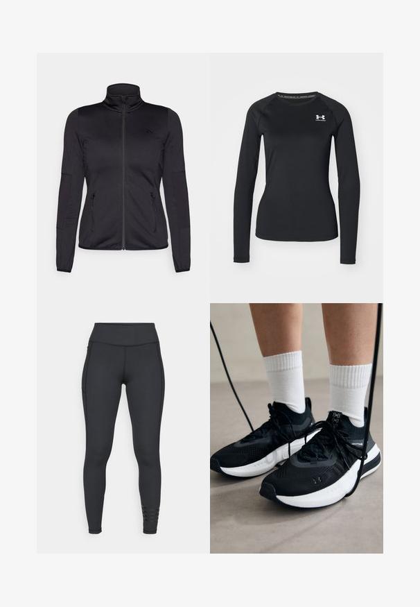 Black zip-up jacket with a high collar, constructed from smooth, stretchy fabric, featuring two zippered front pockets and textured sleeves.; Black long-sleeve athletic shirt made of smooth fabric, featuring a round neckline and a small white logo on the left chest.; Black leggings made from stretchy material, featuring a high waistband, sleek design, and striped accent details near the ankle.; Black athletic shoes with textured fabric, white sole, and black laces. Worn with white ribbed socks, standing on a light surface.