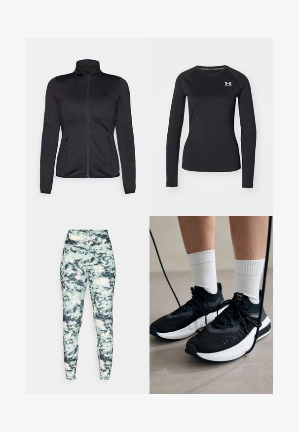 Jaqueta preta com fecho éclair e gola alta, feita de um tecido liso e elástico, apresentando dois bolsos frontais com fecho éclair e mangas texturizadas.; Camisola atlética de manga longa preta, feita de tecido suave, com decote redondo e um pequeno logótipo branco no lado esquerdo do peito.; Leggings de cintura alta com um padrão de mármore multicolorido; apresentam uma textura suave e uma silhueta ajustada para um suporte aerodinâmico.; Sapatilhas desportivas pretas com tecido texturizado, sola branca e atacadores pretos. Usadas com meias brancas caneladas, a pé sobre uma superfície clara.