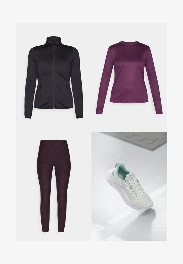 Giacca zip-up nera con colletto alto, realizzata in un tessuto liscio e elasticizzato, dotata di due tasche frontali con zip e maniche strutturate.; Top a maniche lunghe realizzato in tessuto liscio e stretch di colore viola, con collo alto finto e silhouette aderente con cuciture piatte.; Leggings in un tessuto melange viola scuro, caratterizzati da un alto waistband e un design aderente, con una texture liscia ed elastica.; Scarpa sportiva grigio chiaro con tomaia in maglia testurizzata, dettagli verde menta, lacci bianchi, suola in gomma e linguetta sul tallone.