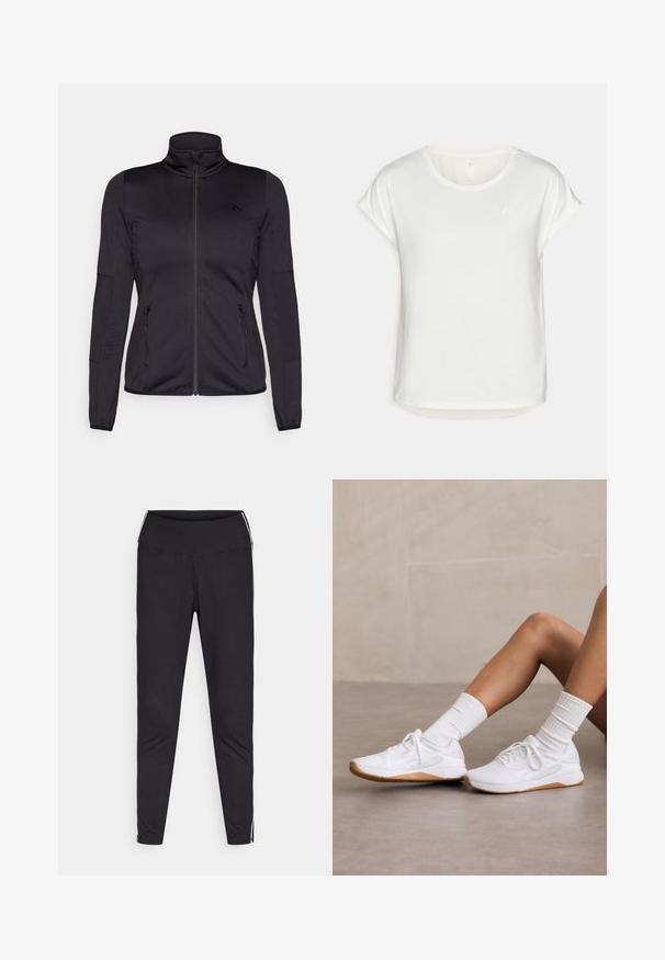 Fekete cipzáras dzseki magas gallérral, sima, rugalmas anyagból készült, elöl két cipzáras zsebbel és texturált ujakkal.; Fehér, rövid ujjú póló kerek nyakkivágással, sima anyagból készült. Rolled sleeves kialakítással és egy finom logó részlettel a mellkason.; Fekete leggings rugalmas anyagból. Magas derék, szűkített fazon, fehér oldalcsíkokkal a külső varrások mentén. Sima felület.; Fehér sportcipők textúrált felsőrészsel, gumitalppal, bordázott fehér zoknival párosítva. Egyszerű fűzős dizájn.