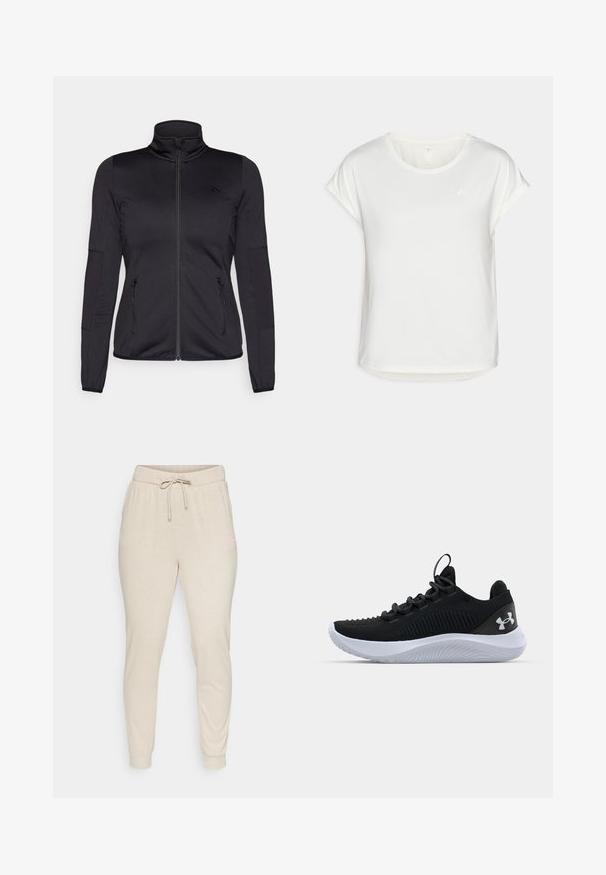 Zwarte zip-up jas met hoge kraag, gemaakt van een gladde, rekbare stof, met twee met rits gesloten voorzakken en gestructureerde mouwen.; Witte T-shirt met korte mouwen en een ronde halslijn, gemaakt van soepele stof. Heeft opgerolde mouwen en een subtiele logodetail op de borst.; Beige joggingsbroeken van zachte stof, met een elastische tailleband met een trekkoord en geribde manchetten. Klein roze logo detail aan de zijkant.; Zwarte sportieve schoenen met een ademende mesh bovenkant, een gestructureerd ontwerp en een witte rubberen zool. Voorzien van platte veters en een trekbandje aan de hiel.