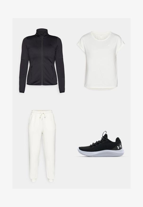 Svart zip-up jacka med hög krage, tillverkad av mjukt, stretchigt tyg, med två fickor framtill som stängs med dragkedja och texturerade ärmar.; Vit kortärmad t-shirt med rund halsringning, tillverkad av ett mjukt tyg. Har uppvikta ärmar och en diskret logotypdetalj på bröstet.; Vita sweatpants gjorda av mjukt tyg, med ett elastiskt midjeband och snörning, sidofickor och smalnande muddar vid anklarna.; Svarta atletiska skor med ett andningsbart meshtak, texturerade detaljer och en vit gummisula. Har platta skosnören och en hällapp vid hälen.