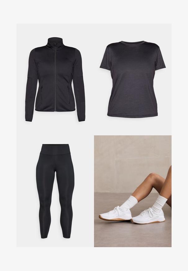 Zwarte zip-up jas met hoge kraag, gemaakt van een gladde, rekbare stof, met twee met rits gesloten voorzakken en gestructureerde mouwen.; Grijze korte mouwen t-shirt van lichtgewicht stof, met een ronde hals, een gladde textuur en een subtiel logo op de borst.; Zwarte hoge taille full-length leggings van gladde stof met zichtbare naden aan de voorkant en op de tailleband.; Witte sportschoenen met een gestructureerde bovenkant, voorzien van een gumrubberen zool, gecombineerd met geribbelde witte sokken. Eenvoudig vetersluiting ontwerp.