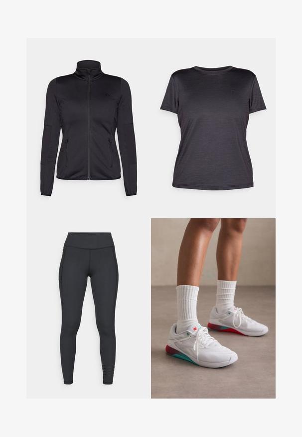 Fekete cipzáras dzseki magas gallérral, sima, rugalmas anyagból készült, elöl két cipzáras zsebbel és texturált ujakkal.; Szürke, rövid ujjú póló, könnyű anyagból készült, kerek nyakkivágással, sima textúrával és diszkrét logóval a mellrészen.; Fekete leggings rugalmas anyagból, magas derékban, elegáns kialakítással és csíkos díszítéssel a bokánál.; Fehér sportcipők textúrált felsőrészsel, türkiz kiegészítőkkel és piros sarokkal. Bordás fehér zoknival viselve. Fűzők és márkázás jellemzi.