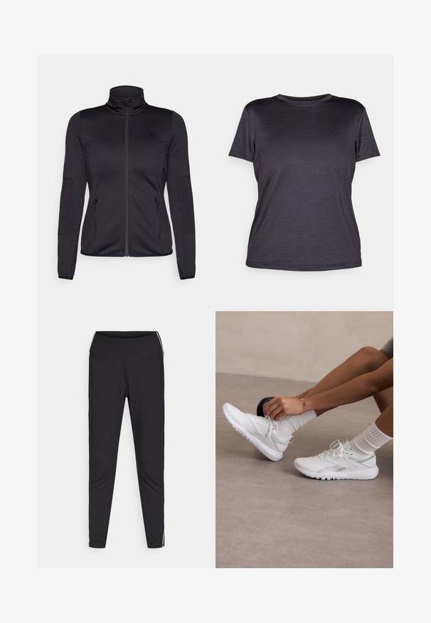 Svart zip-up jakke med høy krage, laget av glatt, elastisk stoff, med to glidelås-lommer foran og teksturerte ermer.; Grå kortermet t-skjorte laget av lett stoff, med rund hals, glatt tekstur og en subtil logo på brystet.; Sorte leggings laget av elastisk stoff. Høy midje, tettsittende passform, med hvite side-striper langs de ytre sømmene. Glatt tekstur.; Hvite trening sneakers med strukturert overdel, med avrundet tå og mønstret såle. Sammen med hvite ribbestrikkede sokker, brukt på en glatt overflate.