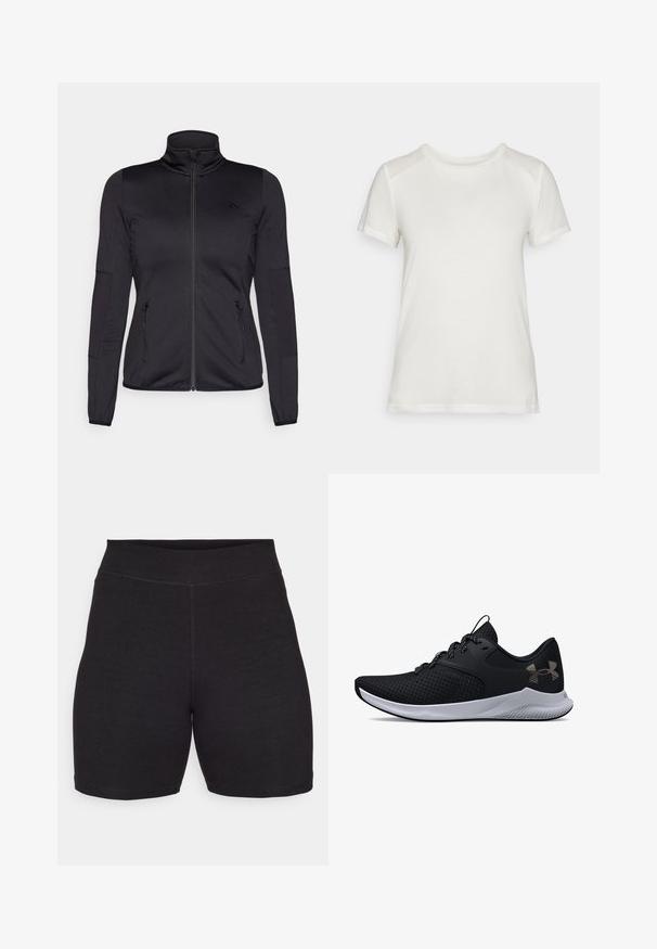 Svart zip-up jakke med høy krage, laget av glatt, elastisk stoff, med to glidelås-lommer foran og teksturerte ermer.; Hvit t-skjorte med kort erm laget av mykt stoff, med rund hals og en avslappet passform med glatte, sømløse skulderdetaljer.; Sorte sykkelshorts med høy midje, laget av elastisk og myk stoff. Har flate sømmer og en glatt tekstur for komfort.; Svart treningssko med mesh-overdel, teksturert mønster og sølvdetaljer. Har svarte snøringer og en hvit mellomsåle med mønstrede ytersåler.