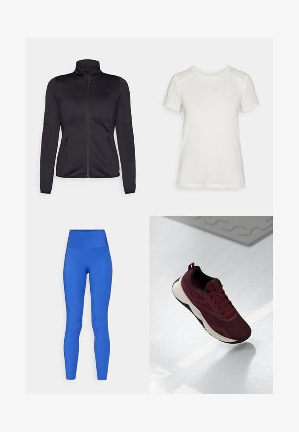 Melns zip-up jakas ar augstu apkakli, izgatavota no gludas, elastīgas auduma, ar divām kabatām priekšpusē ar rāvējslēdzējiem un teksturētām piedurknēm.; Balta īsām piedurknēm T-krekls, kas izgatavots no mīkstas auduma, ar apaļu kakla izgriezumu un brīvu piegriezumu, ar gludām, bezšuvju plecu akcentiem.; Augsta jostasvieta zilie legingi, izgatavoti no elastīga auduma, ar gludu tekstūru un plūstošu dizainu, piemēroti sporta apģērbam.; Tumši sarkani sporta apavi ar acu sietu augšdaļu, melniem akcentiem un mīksto balto zoli. Iespējas ar auklām un vilkšanas cilpu uz papēža.