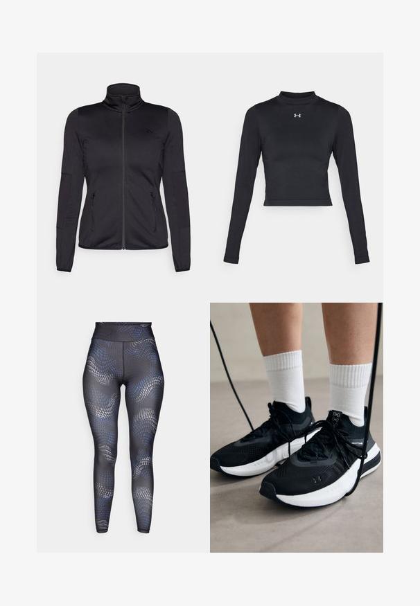 Chaqueta negra con cremallera y cuello alto, confeccionada en un tejido liso y elástico, que cuenta con dos bolsillos delanteros con cremallera y mangas con textura.; Top corto negro de manga larga hecho de una tela suave y elástica, con un cuello alto y un pequeño logo reflectante en el pecho.; Leggings negros con un patrón ondulado en azul y gris, cintura alta, textura suave y un corte ajustado diseñado para ropa de activida.; Zapatillas deportivas negras con tela texturizada, suela blanca y cordones negros. Llevadas con calcetines blancos de canalé, de pie sobre una superficie clara.