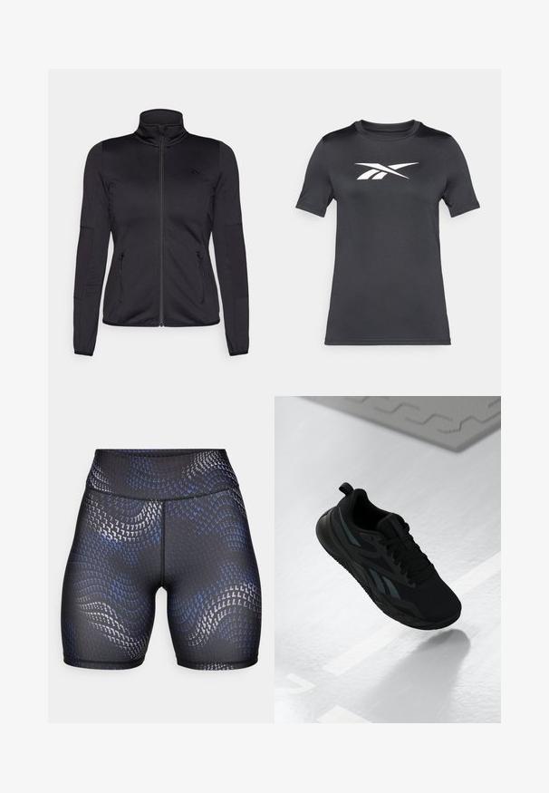 Black zip-up jacket with a high collar, constructed from smooth, stretchy fabric, featuring two zippered front pockets and textured sleeves.; Black short-sleeve t-shirt made of smooth fabric featuring a white logo across the chest. Round neckline and regular fit design.; High-waisted black shorts made of stretch fabric featuring a wavy blue and silver pattern. Smooth texture with contrasting stitching detail.; Black athletic shoe with a mesh upper, featuring textured accents and a flat sole shape. Includes tonal branding and a pull tab at the heel.