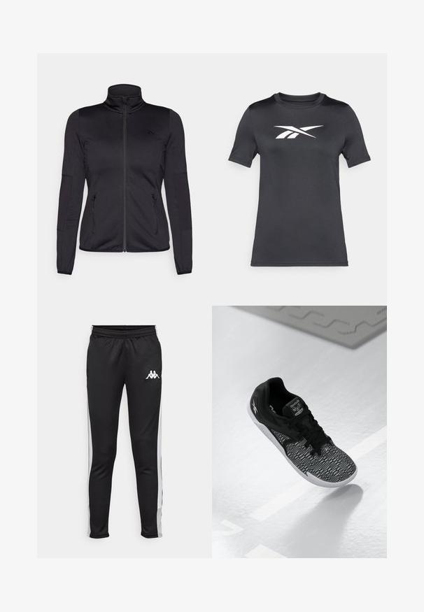 Fekete cipzáras dzseki magas gallérral, sima, rugalmas anyagból készült, elöl két cipzáras zsebbel és texturált ujakkal.; Fekete, rövid ujjú póló sima anyagból, fehér logóval a mellkason. Kerek nyak és normál szabású dizájn.; Fekete sportnadrág fehér oldalsávokkal, rugalmas derékrésszel és egy kis fehér logóval a bal csípőn. Simaság, testhezálló kialakítás.; Fekete sportcipő texturált, mintás hálós felsőrésszel, fekete fűzőkkel és fehér talppal. A Reebok logója a nyelvén és az oldalán található.