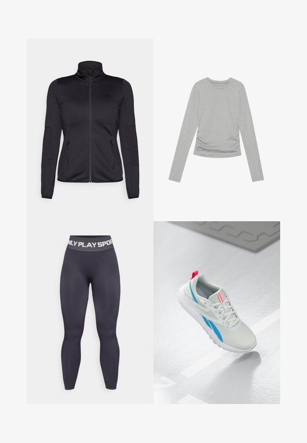 Zwarte zip-up jas met hoge kraag, gemaakt van een gladde, rekbare stof, met twee met rits gesloten voorzakken en gestructureerde mouwen.; Grijze langslieve T-shirt van zachte stof, met een eenvoudige ronde halslijn en geplooide details aan de zijkanten.; Hoge taille, donkergrijze leggings van rekbaar materiaal, met een brede tailleband waarop "ONLY PLAY SPORT" in contrasterende witte letters staat.; Witte en blauwe Reebok sneaker met een rode trekband die boven een glanzende vloer zweeft, met een grijze rubberen mat in de buurt.