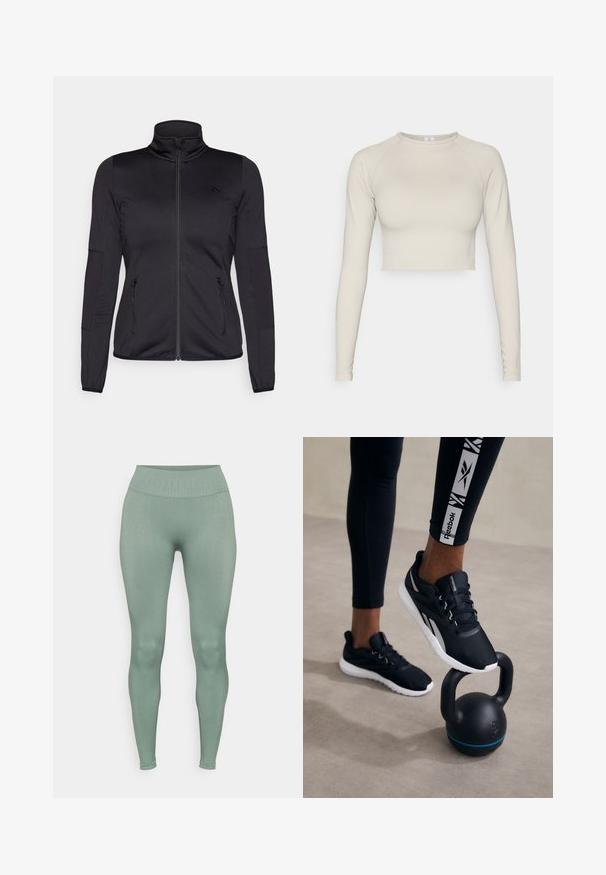 Sort zip-jakke med høj krave, fremstillet af glat, strækbart stof, med to lynlåslommer foran og strukturerede ærmer.; Lys beige, langærmet cropped top lavet af strækbart stof. Har en rund halsudskæring og ribbede ærmekanter. Glat tekstur.; Skræddersyede, stræk leggings i en dæmpet grøn farve med en tekstureret høj talje. Glat tekstur uden synlige mønstre eller detaljer.; Svarte atletiske sko med en tekstureret overdel, hvid sål og grå accenter, placeret på en sort kettlebell med en blå stribe, mod en neutral baggrund.