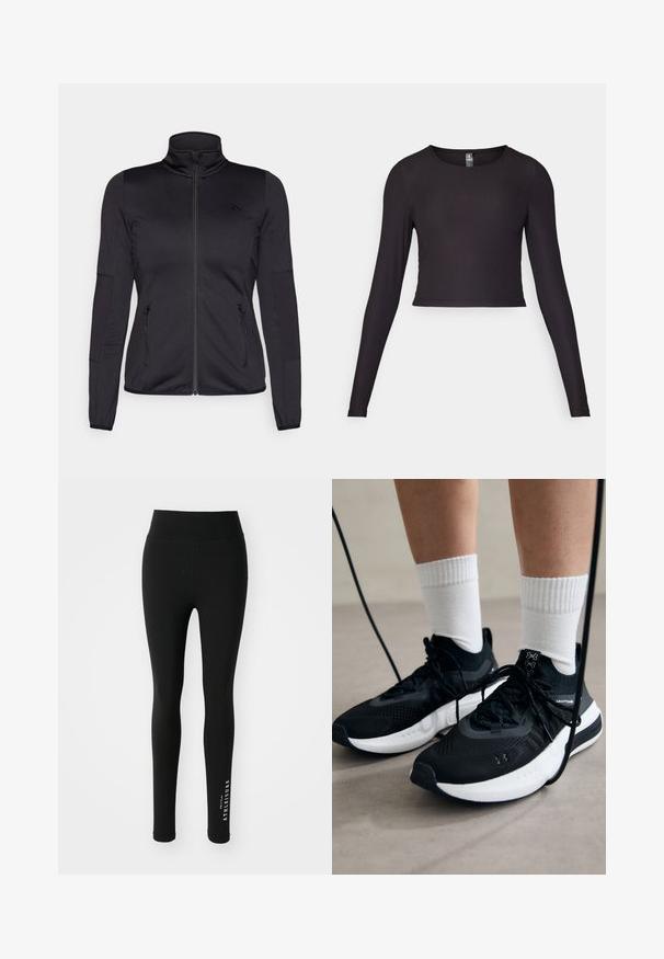 Juoda zip-up striukė su aukštu apykakle, pagaminta iš lygaus, elastingo audinio, turinti dvi užtrauktukais uždaromas priekinės kišenes ir tekstūruotas rankoves.; Juodas ilgas rankovėmis trumpas viršus, pagamintas iš pluoštelio medžiagos. Turi apvalią iškirptę ir prigludusią siluetą su tekstūruota paviršiumi.; Juodos legginsai, pagaminti iš tamprių audinių. Aukšta juosmens linija su lygiu paviršiumi. Apatinėje kojos dalyje yra balta užrašas "ATHELEISURE."; Juodi sportiniai batai su tekstūruotu audiniu, balta padu ir juodais raiščiais. Dėvimi su baltais raištiniais kojiniais, stovint lengvame paviršiuje.