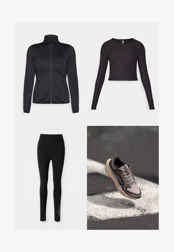 Fekete cipzáras dzseki magas gallérral, sima, rugalmas anyagból készült, elöl két cipzáras zsebbel és texturált ujakkal.; Fekete, hosszú ujjú, crop fazonú felső bordázott anyagból. Kerek nyakkivágással és testhezálló sziluettel rendelkezik, textúrázott felülettel.; Fekete leggings rugalmas anyagból. Magas derék, sima textúrával. Az alsó lábszáron fehér felirat található, amely azt mondja: "ATHELEISURE."; Világoslila sportcipő szürke kiegészítőkkel, többrétegű szintetikus felsőrésszel, fűzőkkel és egy bézs talppal, amelyen jól látható profilminta található.