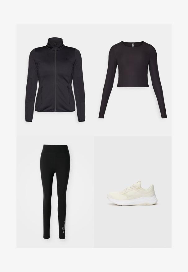 Černá bunda na zip s vysokým límcem, vyrobená z hladkého, elastického materiálu, se dvěma předními kapsami na zip a texturovanými rukávy.; Černý krátký top s dlouhým rukávem vyrobený z proužkované tkaniny. Má kulatý výstřih a přiléhavý střih s texturovaným povrchem.; Černé legíny vyrobené z elastické látky. Vysoký pas s hladkým povrchem. Na dolní části nohavic je bílý nápis "ATHELEISURE."; Světlé sportovní boty vyrobené z polyesterové síťoviny a syntetických materiálů, vybavené texturovaným svrškem, polstrovanou podrážkou a decentním logem.