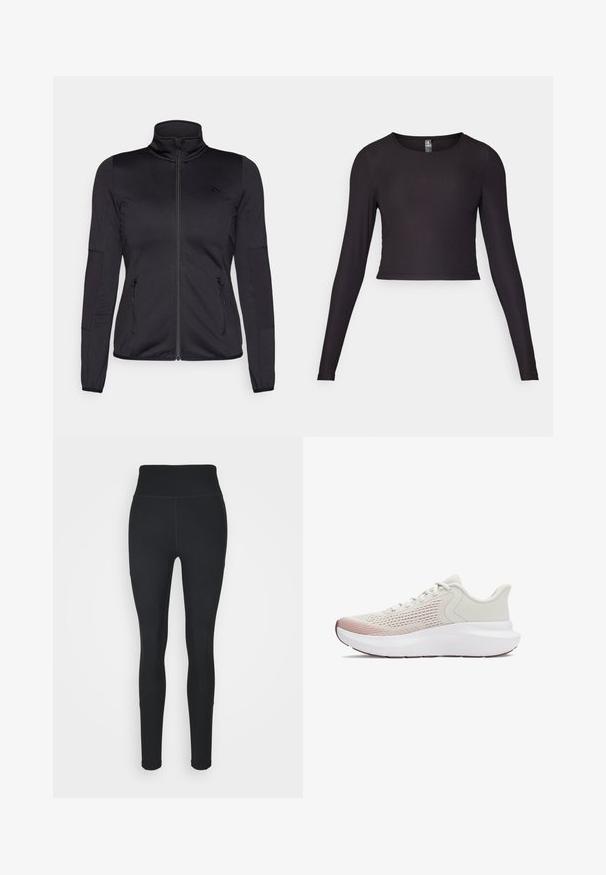 Juoda zip-up striukė su aukštu apykakle, pagaminta iš lygaus, elastingo audinio, turinti dvi užtrauktukais uždaromas priekinės kišenes ir tekstūruotas rankoves.; Juodas ilgas rankovėmis trumpas viršus, pagamintas iš pluoštelio medžiagos. Turi apvalią iškirptę ir prigludusią siluetą su tekstūruota paviršiumi.; Juodos tamprės, pagamintos iš elastingos medžiagos, su aukštu liemeniu, šoninėmis raukšlėmis ir priglundančia forma, siaurėjančia ties kulkšnimis.; Lengvi sportiniai bateliai su kvėpuojančiu baltu tinkleliu, gradientiniais rožiniais akcentais ir storesne balta nėriniuota padu.