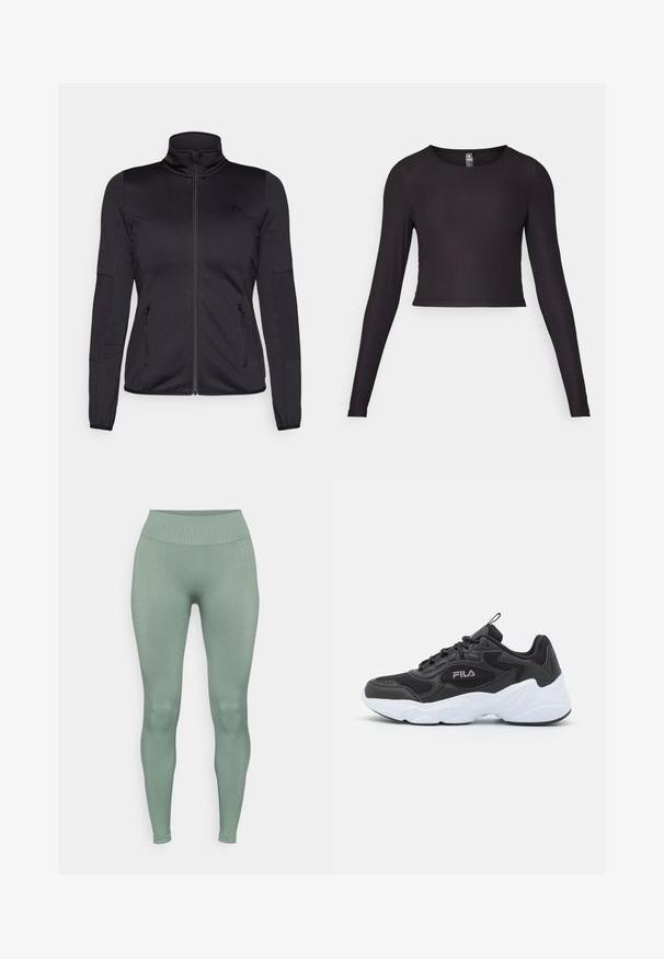 Crna jakna s patentnim zatvaračem i visokim ovratnikom, napravljena od glatkog, rastezljivog materijala, s dva prednja džepa na patentni zatvarač i teksturiranim rukavima.; Crna dugački rukav cropped majica izrađena od rebrastog materijala. Ima okrugli izrez i usku siluetu s teksturiranom površinom.; Leggings koji se prilagođavaju tijelu, od rastezljivog materijala u umjerenoj zelenoj boji s teksturiranom visokim pojasom. Glatka tekstura bez vidljivih uzoraka ili naglasaka.; Crne atletske tenisice od mrežastog i sintetičkog materijala, s bijelim gumiranim đonom, zaobljenim dizajnom i istaknutim logotipom sa strane.