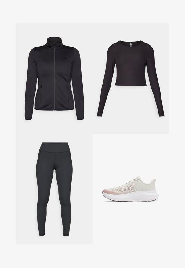 Schwarze Zip-Jacke mit hohem Kragen, gefertigt aus glattem, dehnbarem Material, mit zwei vorderen Reißverschlusstaschen und strukturierten Ärmeln.; Schwarzes, langärmliges, cropped Oberteil aus Rippstoff. Mit rundem Ausschnitt und figurbetonter Silhouette mit strukturierten Oberflächen.; Schwarze Leggings aus dehnbarem Material, mit einem hohen Bund, elegantem Design und gestreiften Akzenten in der Nähe des Knöchels.; Leichte Sportschuhe mit einem atmungsaktiven weißen Netzobermaterial, einem Verlauf in Pink-Akzenten und einer dicken weißen Sohle mit strukturierten Details.