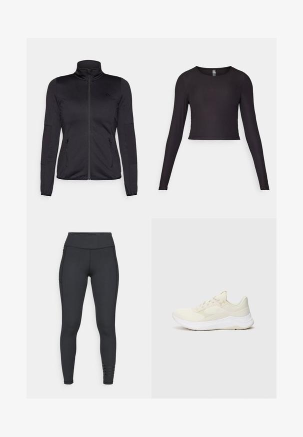 Veste noire zippée avec un col haut, fabriquée à partir d'un tissu lisse et extensible, dotée de deux poches avant zippées et de manches texturées.; Haut cropped à manches longues noir en tissu côtelé. Il présente un col rond et une silhouette ajustée avec une surface texturée.; Leggings noirs en matière extensible, dotés d'une taille haute, d'un design élégant et de détails rayés près de la cheville.; Baskets de sport de couleur claire fabriquées en mesh et en matériaux synthétiques, avec un dessus texturé, une semelle rembourrée et un logo discret.