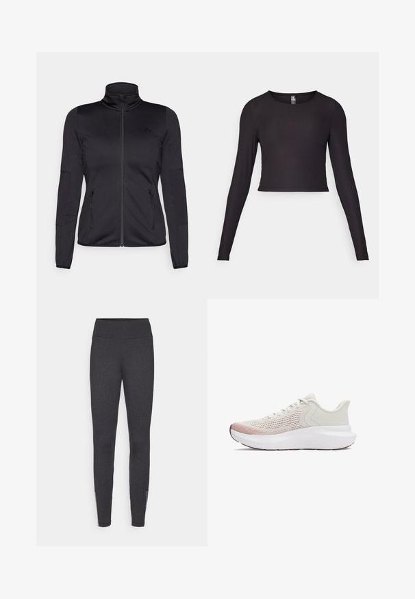 Černá bunda na zip s vysokým límcem, vyrobená z hladkého, elastického materiálu, se dvěma předními kapsami na zip a texturovanými rukávy.; Černý krátký top s dlouhým rukávem vyrobený z proužkované tkaniny. Má kulatý výstřih a přiléhavý střih s texturovaným povrchem.; Tmavě šedé legíny s vysokým pasem, vyrobené z elastického materiálu, s bočními zipy na kotnících a hladkou strukturou.; Lehké sportovní boty s prodyšným bílým síťovaným svrškem, gradientními růžovými akcenty a silnou bílou podrážkou s texturovanými detaily.