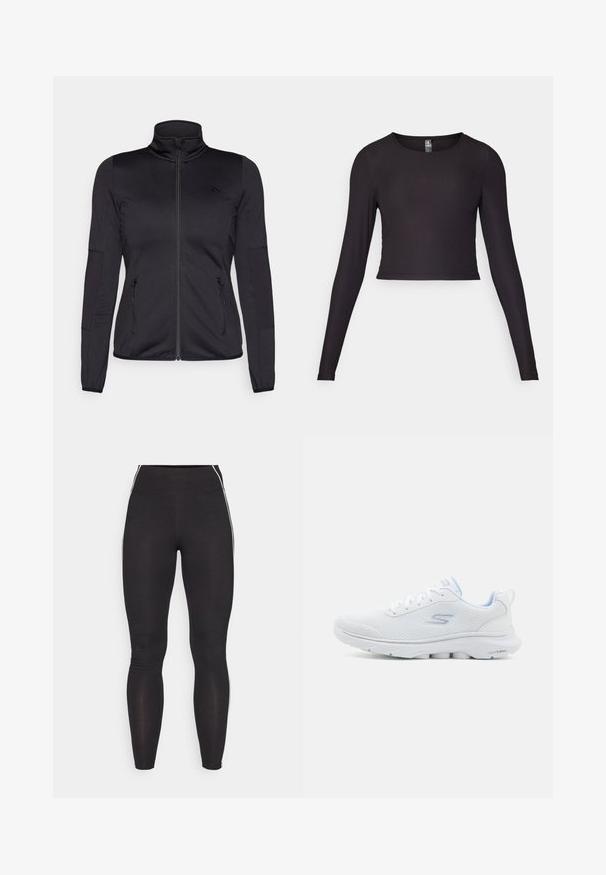Black zip-up jacket with a high collar, constructed from smooth, stretchy fabric, featuring two zippered front pockets and textured sleeves.; Black long-sleeve cropped top made of ribbed fabric. Features a round neckline and fitted silhouette with textured surface.; Black leggings made of stretchy material with a high waistband. Features white side stripes and smooth texture throughout.; White athletic shoe with a breathable mesh upper, light blue accents, and a cushioned sole featuring a textured grip pattern.