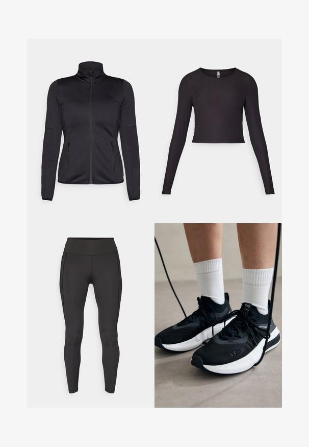 Black zip-up jacket with a high collar, constructed from smooth, stretchy fabric, featuring two zippered front pockets and textured sleeves.; Black long-sleeve cropped top made of ribbed fabric. Features a round neckline and fitted silhouette with textured surface.; ONLY Play ONPJAM-2-FONT - Leggings - black; Black athletic shoes with textured fabric, white sole, and black laces. Worn with white ribbed socks, standing on a light surface.