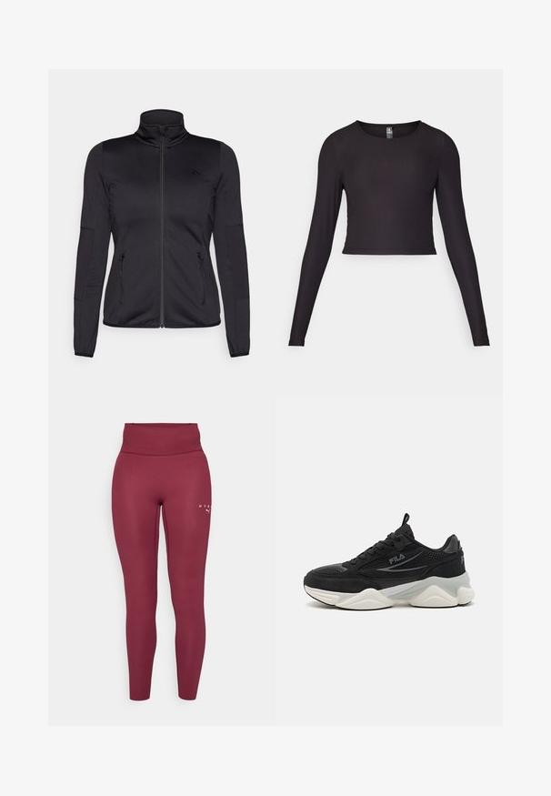 Black zip-up jacket with a high collar, constructed from smooth, stretchy fabric, featuring two zippered front pockets and textured sleeves.; Black long-sleeve cropped top made of ribbed fabric. Features a round neckline and fitted silhouette with textured surface.; Burgundy leggings made from stretchy fabric, high-waisted design, fitted shape, featuring a small logo print on the left thigh.; Black sneakers made of mesh and suede, featuring thick sole, rounded shape, subtle grey accents, and branded logo on the side.