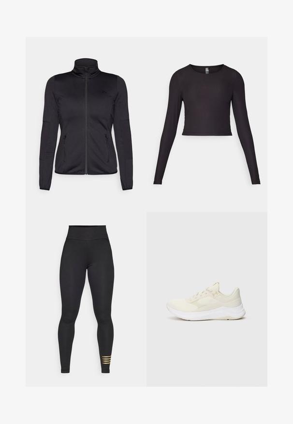 Juoda zip-up striukė su aukštu apykakle, pagaminta iš lygaus, elastingo audinio, turinti dvi užtrauktukais uždaromas priekinės kišenes ir tekstūruotas rankoves.; Juodas ilgas rankovėmis trumpas viršus, pagamintas iš pluoštelio medžiagos. Turi apvalią iškirptę ir prigludusią siluetą su tekstūruota paviršiumi.; Juodos sportinės kelnės su aukšta juosmens linija, pagamintos iš tamprių medžiagų. Yra lygus paviršius ir trys horizontalios auksinės juostelės apatiniame kairiajame šlaunyje.; Šviesių spalvų sportiniai batai, pagaminti iš tinklelio ir sintetinių medžiagų, su tekstūruotu paviršiumi, paminkštintu padu ir subtiliu prekių ženklu.