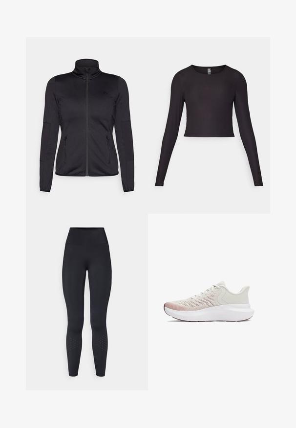 Črna jakna na zadrgo z visokim ovratnikom, izdelana iz gladkega, raztegljivega materiala, z dvema sprednjima žepoma na zadrgo in teksturiranimi rokavi.; Črni dolgi rokavi skrajšan top iz rebraste tkanine. Ima podolgovat ovratnik in prilegajočo silhueto s teksturirano površino.; Črne legice z visokim pasom iz elastičnega materiala, ki imajo gladko teksturo in perforirane oblikovne detajle v bližini gležnjev.; Lahki atletski čevlji z zračnim belim mrežastim zgornjim delom, gradientnimi roza akcenti in debelim belim podplatom z teksturiranimi detajli.