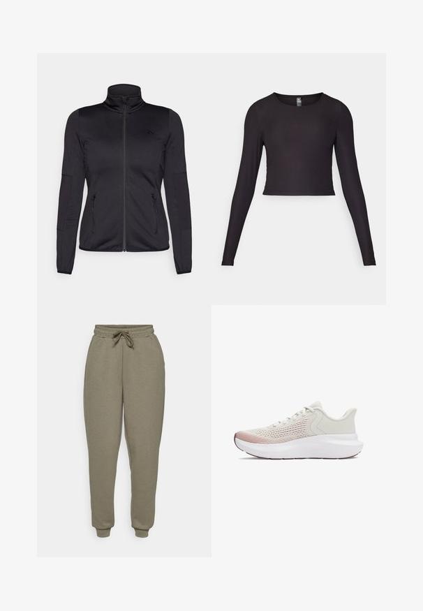 Juoda zip-up striukė su aukštu apykakle, pagaminta iš lygaus, elastingo audinio, turinti dvi užtrauktukais uždaromas priekinės kišenes ir tekstūruotas rankoves.; Juodas ilgas rankovėmis trumpas viršus, pagamintas iš pluoštelio medžiagos. Turi apvalią iškirptę ir prigludusią siluetą su tekstūruota paviršiumi.; ONLY Play ONPLOUNGE LIFE REG NOOS - Treningo apatinė dalis - kalamata; Lengvi sportiniai bateliai su kvėpuojančiu baltu tinkleliu, gradientiniais rožiniais akcentais ir storesne balta nėriniuota padu.