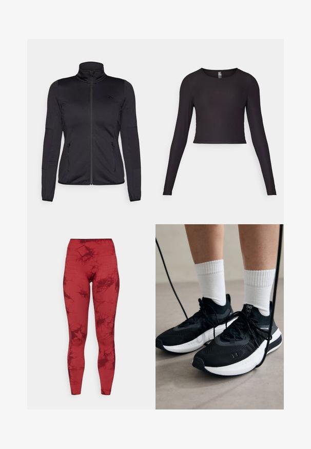 Fekete cipzáras dzseki magas gallérral, sima, rugalmas anyagból készült, elöl két cipzáras zsebbel és texturált ujakkal.; Fekete, hosszú ujjú, crop fazonú felső bordázott anyagból. Kerek nyakkivágással és testhezálló sziluettel rendelkezik, textúrázott felülettel.; ONLY Play ONPTIE SEAM - Leggingek - sun dried tomato; Fekete sportcipők textúrált anyagból, fehér talppal és fekete fűzőkkel. Fehér bordázott zoknikkal viselve, világos felületen állva.