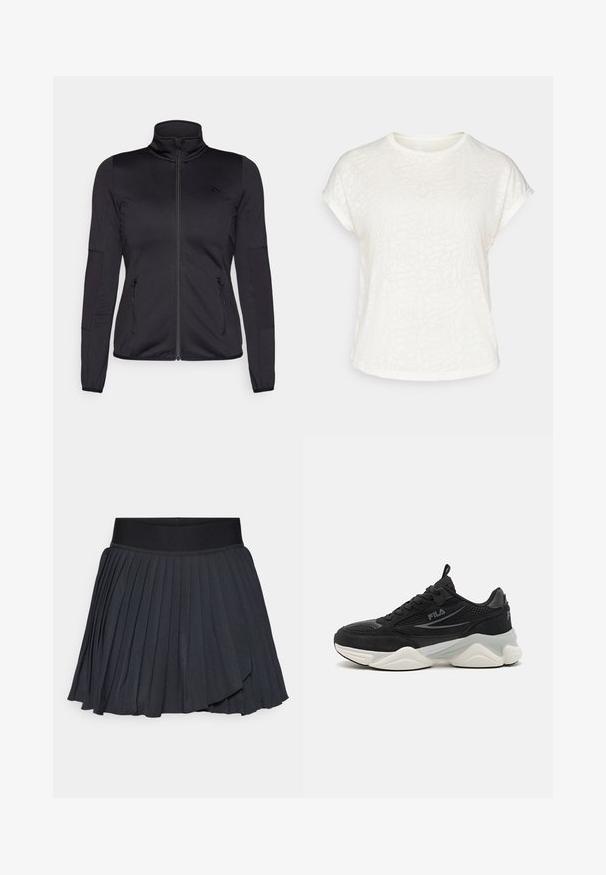 Črna jakna na zadrgo z visokim ovratnikom, izdelana iz gladkega, raztegljivega materiala, z dvema sprednjima žepoma na zadrgo in teksturiranimi rokavi.; Bela kratka majica s kratkimi rokavi z teksturiranim cvetličnim vzorcem, okroglim ovratnikom in sproščenim krojem. Narejena iz mehke, lahke tkanine.; Črna nabranih kril s širokim elastičnim pasom, izdelana iz gladkega blaga s subtilnim sijajem, do kolen, s slojevitim dizajnom.; Črne teniske iz mrežastega materiala in usnja, z debelim podplatom, zaobljeno obliko, subtilnimi sivozelenimi detajli in blagovno znamko na strani.