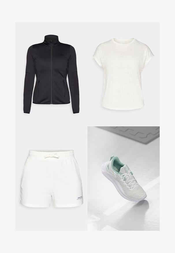 Black zip-up jacket with a high collar, constructed from smooth, stretchy fabric, featuring two zippered front pockets and textured sleeves.; White short-sleeve t-shirt featuring a textured floral pattern, round neckline, and relaxed fit. Made from soft, lightweight fabric.; White elastic-waist shorts in soft fabric, featuring a drawstring, pockets, and a small blue logo on the lower left side.; Light gray athletic shoe with a textured knit upper, mint green accents, white laces, rubber sole, and pull tab at the heel.