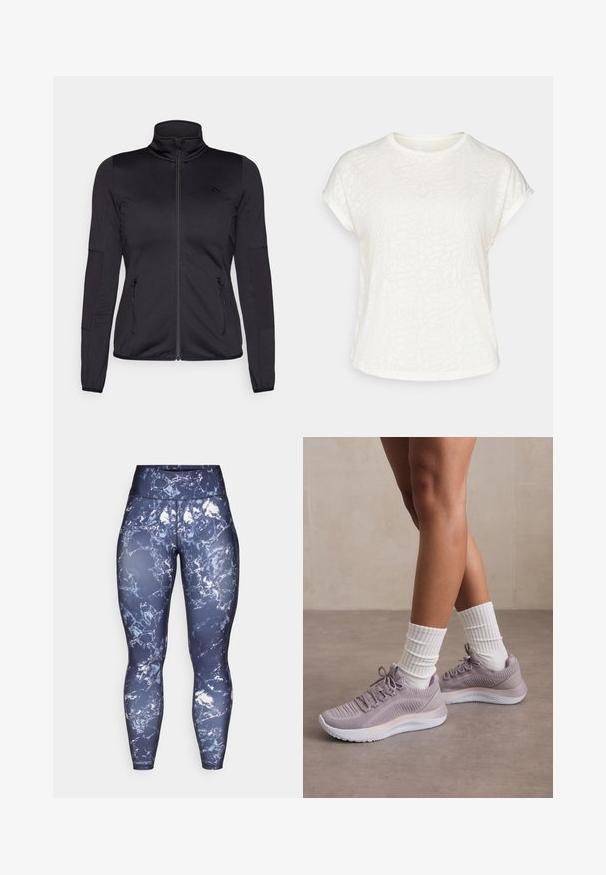 Fekete cipzáras dzseki magas gallérral, sima, rugalmas anyagból készült, elöl két cipzáras zsebbel és texturált ujakkal.; Fehér, rövid ujjú póló, texturált virágmintával, kerek nyakkivágással és laza szabású dizájnnal. Puha, könnyű anyagból készült.; Tengerészkék aktív leggings márványmintával fehér és világoskék színben, magas derék kialakítással, rugalmas, nedvességelvezető anyagból készülve.; Világos lila sportcipők textúrált kötött felsőrésszel, fehér középtalppal és illő fehér bordázott zoknival kiemelve.