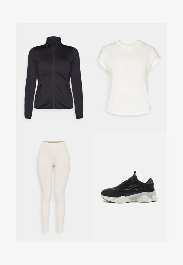 Jaqueta preta com fecho éclair e gola alta, feita de um tecido liso e elástico, apresentando dois bolsos frontais com fecho éclair e mangas texturizadas.; T-shirt branco de mangas curtas com um padrão floral texturizado, decote redondo e corte descontraído. Feito de um tecido leve e suave.; Leggings canelados em bege, com um cós alto e design justo. Textura suave com pernas ajustadas e bainhas franzidas.; Sapatilhas pretas feitas de malha e camurça, com sola grossa, forma arredondada, subtis detalhes cinzas e logo da marca na lateral.