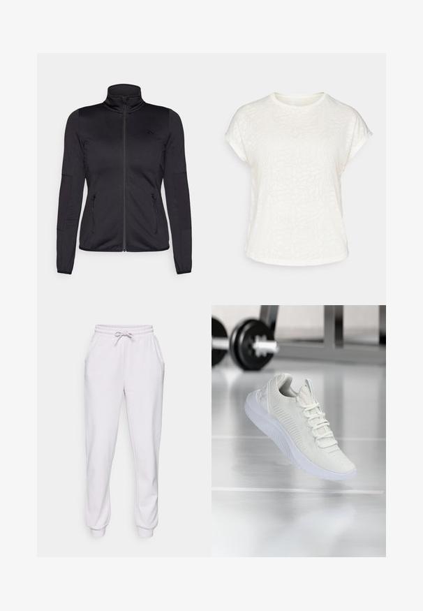 Črna jakna na zadrgo z visokim ovratnikom, izdelana iz gladkega, raztegljivega materiala, z dvema sprednjima žepoma na zadrgo in teksturiranimi rokavi.; Bela kratka majica s kratkimi rokavi z teksturiranim cvetličnim vzorcem, okroglim ovratnikom in sproščenim krojem. Narejena iz mehke, lahke tkanine.; Svetlo sivi trenirka iz mehkega materiala, z elastičnim pasom in vrvico, stranskimi žepi ter zoženimi hlačnicami z rebrastimi manšetami.; Bela športna teniska z mrežastim zgornjim delom z teksturo in sistemom vezalk, ki ima oblazinjen beli podplat in subtilne rebraste detajle.