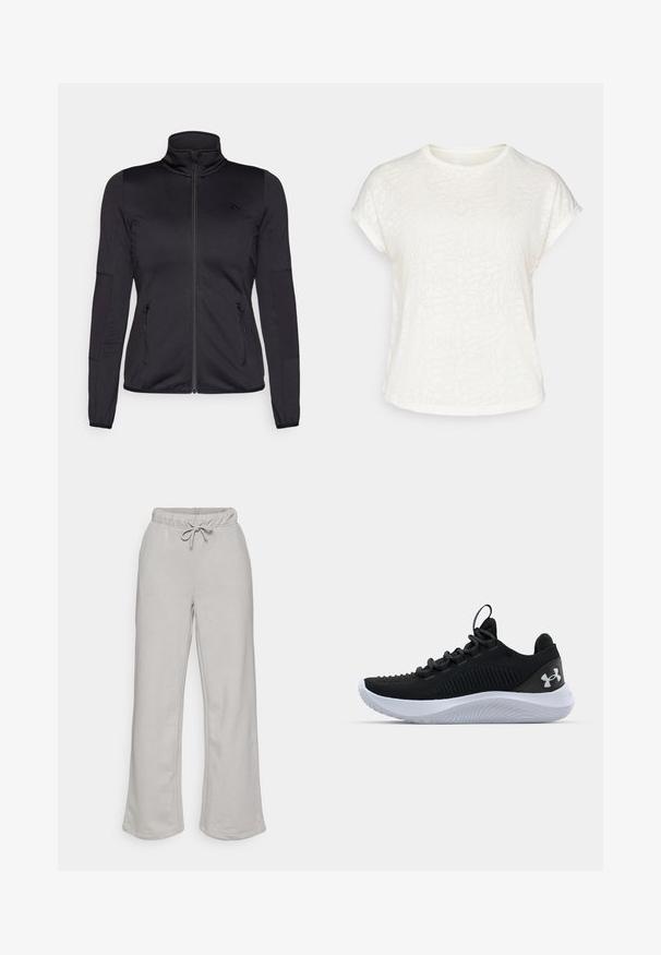 Jachetă neagră cu fermoar, cu guler înalt, confecționată dintr-un material neted și elastic, având două buzunare frontale cu fermoar și mâneci texturate.; Tricou scurt cu mânecă albă, cu un model floral texturat, guler rotund și croială lejeră. Fabricat dintr-un material moale și ușor.; ONLY Play ONPBLOW - Pantaloni de trening - ultimate grey; Pantofi sport negri cu un upper din plasă respirabilă, detalii texturate și o talpă din cauciuc albă. Au șireturi plate și o bandă pentru a-i trage de pe călcâi.
