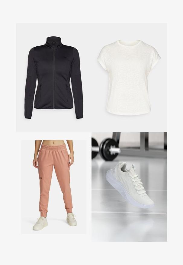 Schwarze Zip-Jacke mit hohem Kragen, gefertigt aus glattem, dehnbarem Material, mit zwei vorderen Reißverschlusstaschen und strukturierten Ärmeln.; Weißes T-Shirt mit kurzen Ärmeln, das ein strukturiertes Blumenmuster, einen runden Halsausschnitt und einen lässigen Schnitt aufweist. Hergestellt aus weichem, leichtem Stoff.; Rosefarbene Sport-Jogginghosen mit elastischem Bund, schmal zulaufendem Beinschnitt, tonalen Nähten und einem kleinen schwarzen Logo auf dem linken Oberschenkel.; Weißer Sportschuh aus strukturiertem Mesh-Obermaterial und Schnürsystem, mit einer gepolsterten weißen Sohle und dezenten gerippten Akzenten.