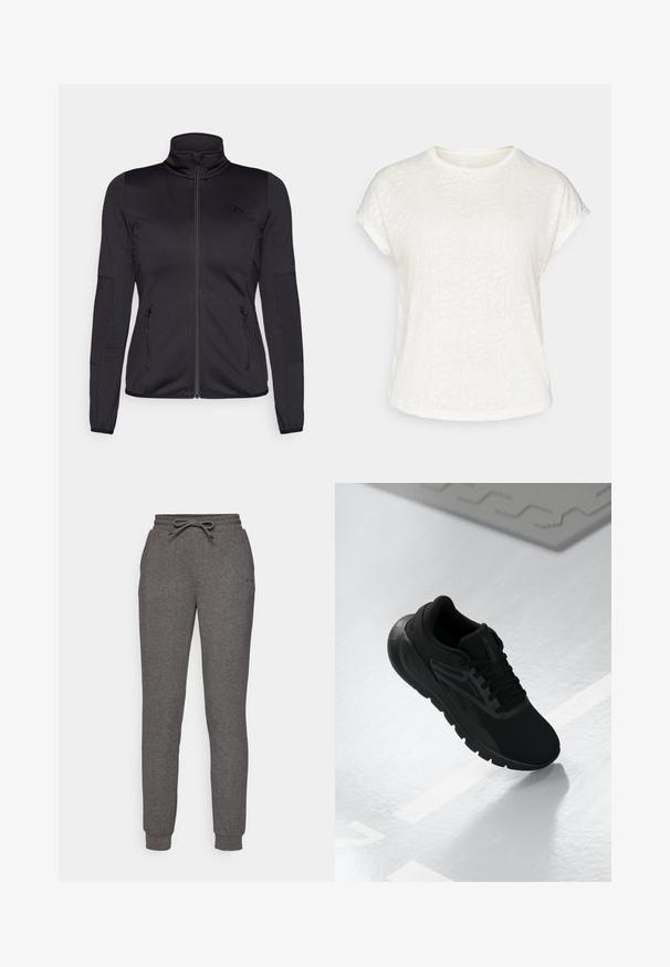 Melns zip-up jakas ar augstu apkakli, izgatavota no gludas, elastīgas auduma, ar divām kabatām priekšpusē ar rāvējslēdzējiem un teksturētām piedurknēm.; Balts īsām piedurknēm t-krekls ar teksturētu ziedu rakstu, apaļu kakla izgriezumu un brīvu piegriezumu. Izgatavots no mīksta, viegla auduma.; Pelēkas sporta bikses, kas izgatavotas no mīksta auduma, ar elastīgu jostu un auklu, pieguļošām potītēm un nelielu logo detaļu.; Melna sporta apava, kas veidota ar sietu augšdaļu, apaļu pirkstu daļu, mīkstu zoli un teksturētām akcentiem, novietota uz gludas baltas virsmas.