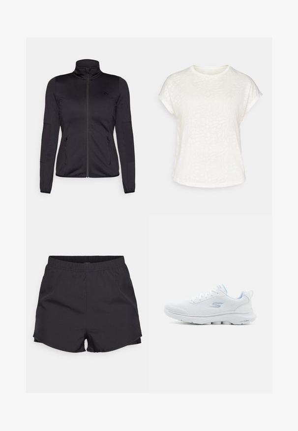 Melns zip-up jakas ar augstu apkakli, izgatavota no gludas, elastīgas auduma, ar divām kabatām priekšpusē ar rāvējslēdzējiem un teksturētām piedurknēm.; Balts īsām piedurknēm t-krekls ar teksturētu ziedu rakstu, apaļu kakla izgriezumu un brīvu piegriezumu. Izgatavots no mīksta, viegla auduma.; ONLY Play ONPSPACE LIFE LOOSE SHORTS - Sporta šorti - black/pumice stone; Baltie sporta apavi ar elpojošu acu materiālu, gaiši ziliem akcentiem un mīkstu zolīti ar teksturētu saķeres rakstu.