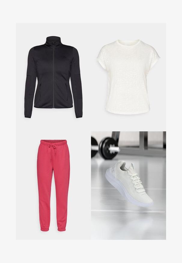 Crna jakna s patentnim zatvaračem i visokim ovratnikom, napravljena od glatkog, rastezljivog materijala, s dva prednja džepa na patentni zatvarač i teksturiranim rukavima.; Bijela majica kratkih rukava s teksturiranim cvjetnim uzorkom, okruglim izrezom i opuštenim krojem. Izrađena od mekog, laganog materijala.; ONLY Play ONPCOMFORT BRUSH - Donji dijelovi trenirke - granita; Bijela atletska teniska obuća s teksturiranim mrežastim gornjim dijelom i sustavom vezanja, koja ima podstavljeni bijeli potplat i suptilne rebraste naglaske.