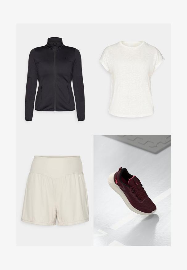 Čierna zipsová bunda s vysokým golierom, vyrobená z hladkého, elastického materiálu, so zipsovými prednými vreckami a štruktúrovanými rukávmi.; Biele tričko s krátkym rukávom s textúrovaným kvetinovým vzorom, okrúhlym výstrihom a voľným strihom. Vyrobené z mäkkej, ľahkej tkaniny.; Svetlo béžové šortky s textúrovaným rebrovaným pásom, voľným strihom a pohodlným fitom. Obsahujú prešité lemy a postranné rozparky pre väčšiu flexibilitu.; Bordová športová obuv s textúrovaným vrchom, čiernym interiérom a ružovými akcentmi. Obsahuje bielu medzipodrážku a vzorovanú podrážku.