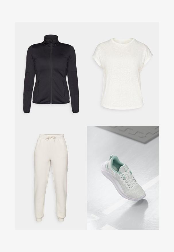Schwarze Zip-Jacke mit hohem Kragen, gefertigt aus glattem, dehnbarem Material, mit zwei vorderen Reißverschlusstaschen und strukturierten Ärmeln.; Weißes T-Shirt mit kurzen Ärmeln, das ein strukturiertes Blumenmuster, einen runden Halsausschnitt und einen lässigen Schnitt aufweist. Hergestellt aus weichem, leichtem Stoff.; Helle beige Jogginghosen aus weichem Material, ausgestattet mit einem elastischen Bund mit Kordelzug, seitlichen Taschen und schmal zulaufenden Bündchen an den Knöcheln.; Hellgraue Sportchuhe mit einem strukturierten Strickoberteil, mintgrünen Akzenten, weißen Schnürsenkeln, Gummisohle und einer Schlaufe an der Ferse.