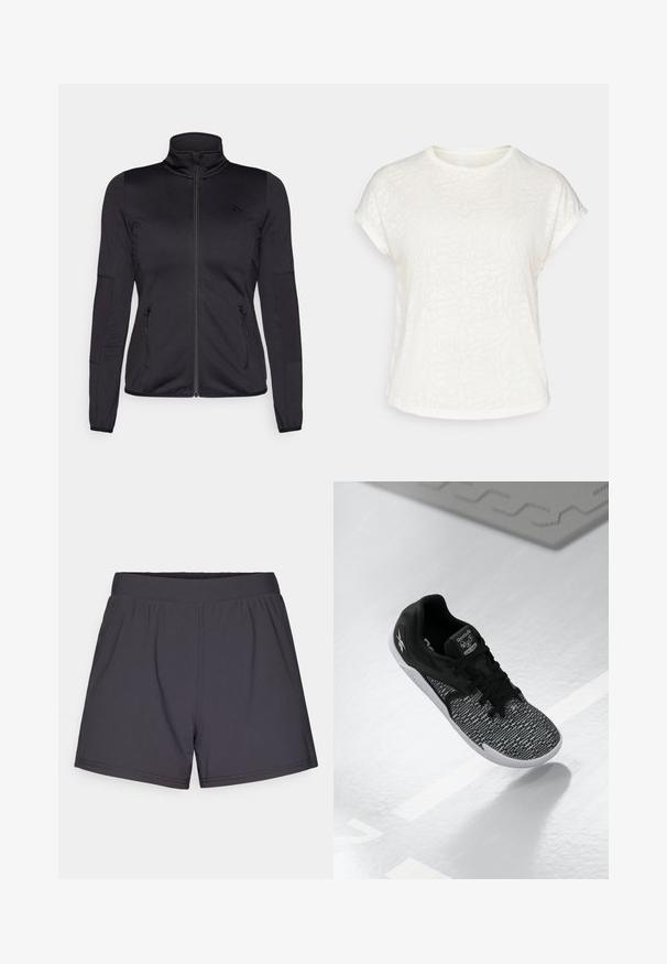 Jachetă neagră cu fermoar, cu guler înalt, confecționată dintr-un material neted și elastic, având două buzunare frontale cu fermoar și mâneci texturate.; Tricou scurt cu mânecă albă, cu un model floral texturat, guler rotund și croială lejeră. Fabricat dintr-un material moale și ușor.; Șorturi atletice negre, realizate dintr-un material ușor și elastic. Prezintă un waistband elastic și un design simplu, fără ornamente.; Pantofii sport negri au o parte superioară din plasă texturată și cu model, șireturi negre și o talpă albă. Au branding Reebok pe limbă și pe lateral.