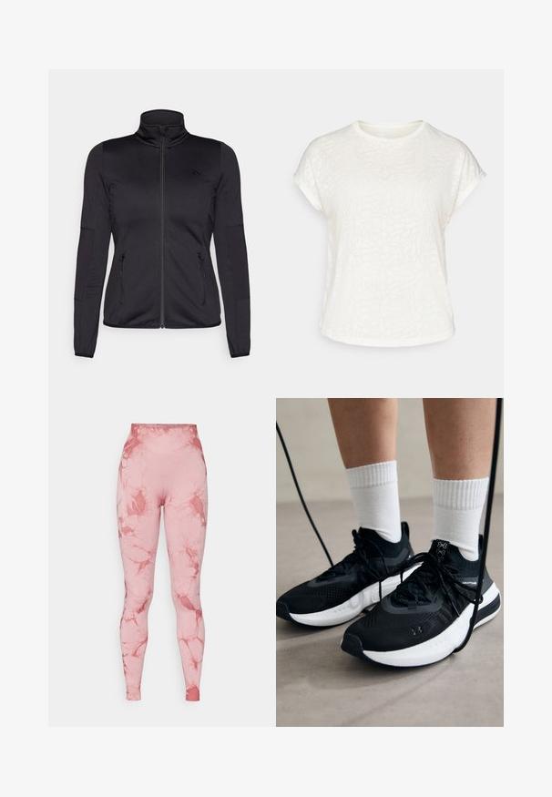 Sort zip-jakke med høj krave, fremstillet af glat, strækbart stof, med to lynlåslommer foran og strukturerede ærmer.; Hvid kortærmet t-shirt med et struktureret blomstermønster, rund halsudskæring og afslappet pasform. Fremstillet af blødt, letvægtsstof.; Højtaljede leggings i pink med et marmor mønster. Fremstillet af strækbart, glat stof med en tætsiddende silhuet og sømløs talje.; Sorte sportssko med tekstureret stof, hvid sål og sorte snørebånd. Båret med hvide ribbede sokker, stående på en lys overflade.