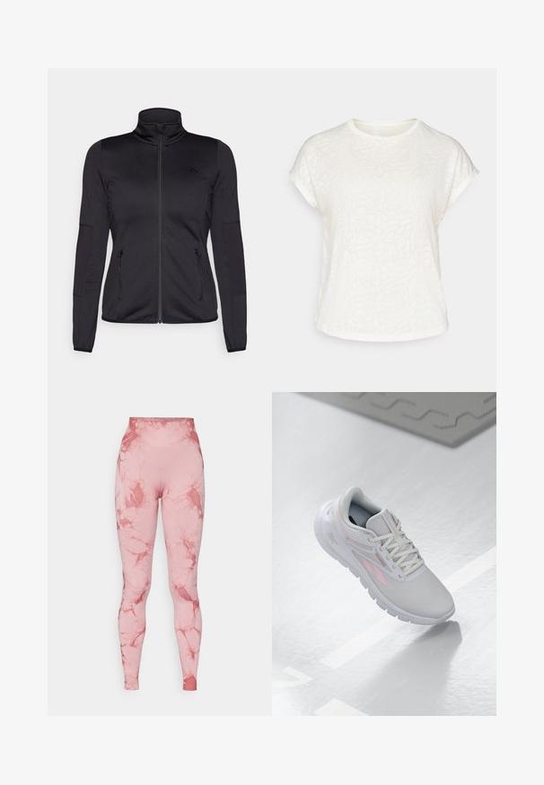 Svart zip-up jakke med høy krage, laget av glatt, elastisk stoff, med to glidelås-lommer foran og teksturerte ermer.; Hvit t-skjorte med korte ermer som har et teksturert blomstermønster, rund hals og avslappet passform. Laget av myk, lett stoff.; Høyt liv leggings i rosa med marmor mønster. Laget av elastisk, glatt stoff med en tettsittende silhuett og sømløst midjebånd.; Lys grå treningsko med rosa detaljer, mesh-overdel, rund tå, støtdempende såle og snøring. Overflaten er glatt og reflekterende.